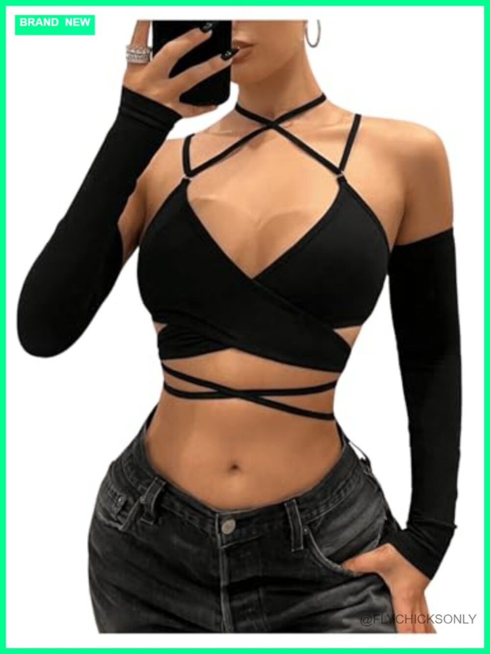 Criss Cross Strappy Halter Long Sleeve Crop Top